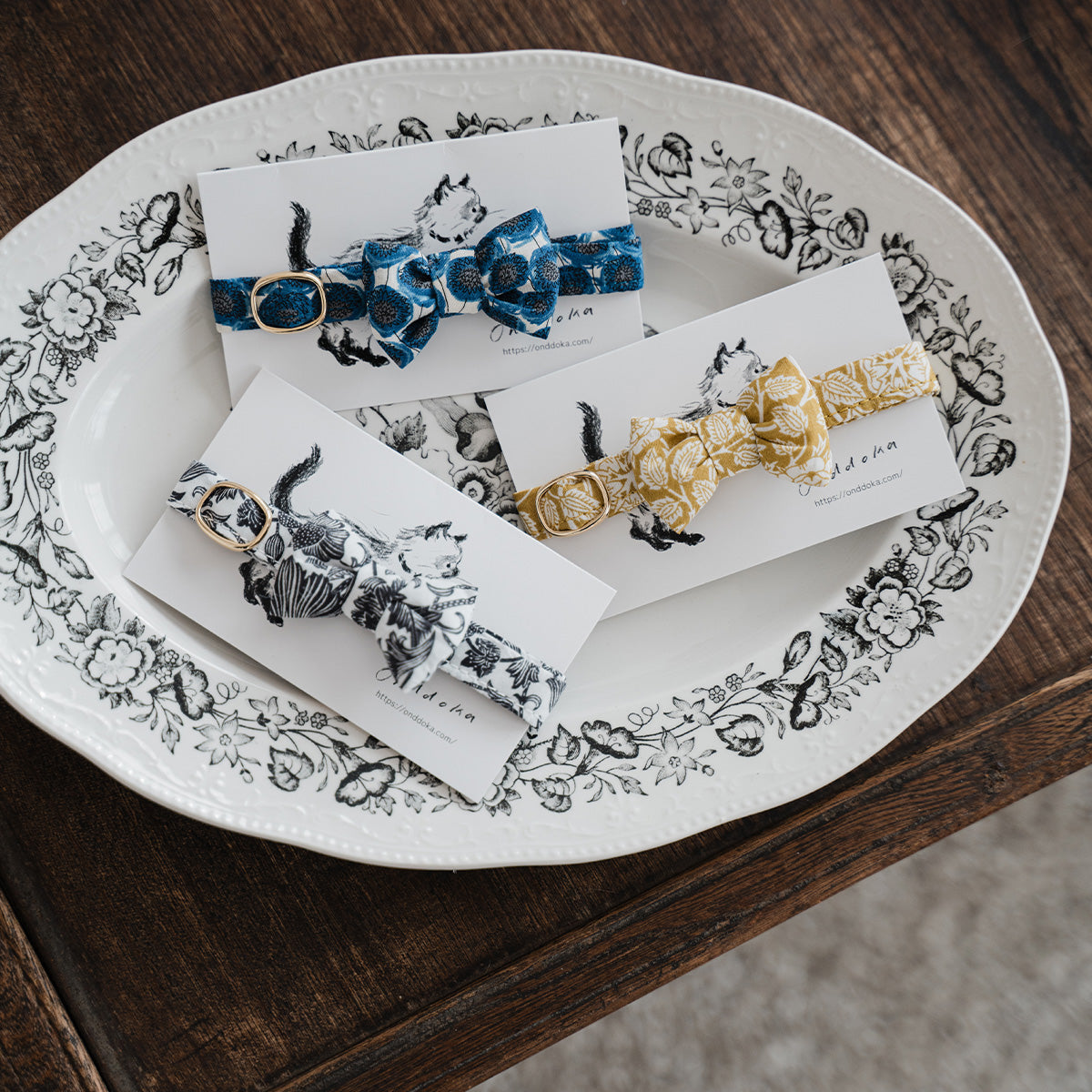 猫にやさしいコットン首輪/リボン【Liberty/Walter's Meadow GR】