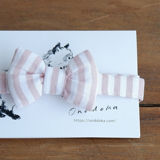 【OUTLET】猫にやさしいコットン首輪/リボン【グレイッシュピンクストライプ】