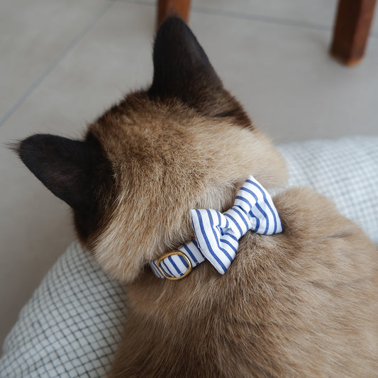 〈5/8発売〉猫にやさしいコットン首輪/リボン【Sunny days stripe/BU】