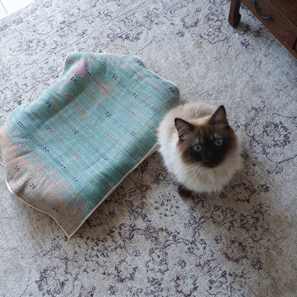 Vintage kantha quilt マルチマット【Green×Beige-B】