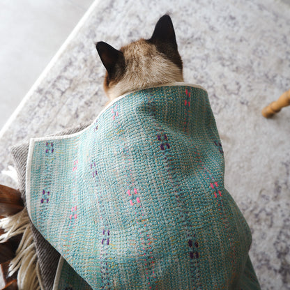 Vintage kantha quilt マルチマット【Green×Beige-A】