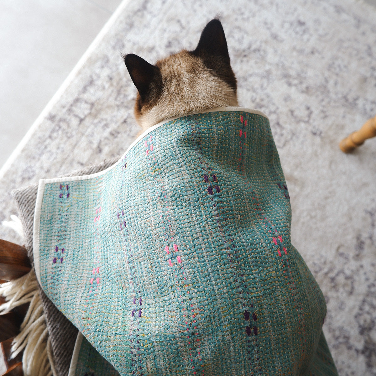 Vintage kantha quilt マルチマット【Green×Beige-B】