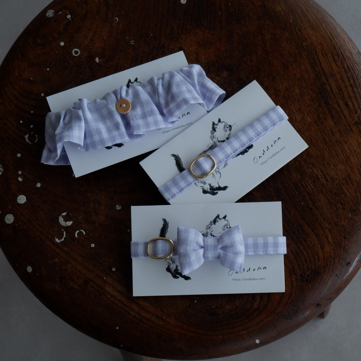 Cat-friendly cotton collar/ribbon [gingham/lavender]