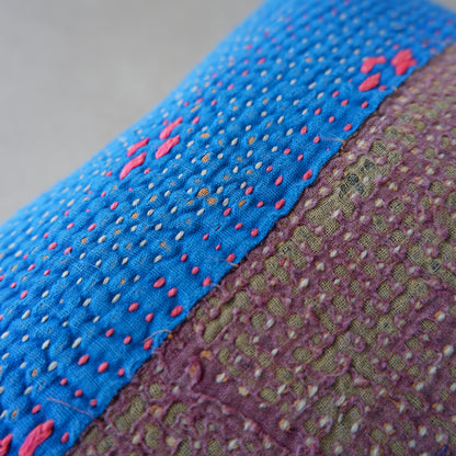 Vintage kantha quilt 猫にフィットするクッション【Beige×Blue-A】