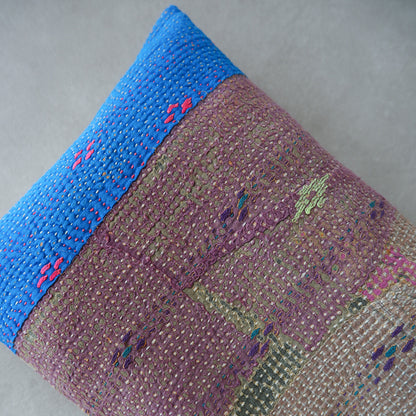 Vintage kantha quilt 猫にフィットするクッション【Beige×Blue-A】