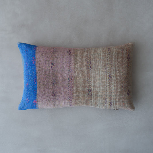 Vintage kantha quilt 猫にフィットするクッション【Beige×Blue-C】