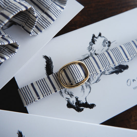 猫にやさしいコットン首輪/リボンなし【French Stripe/グレイッシュホワイト×ネイビー】