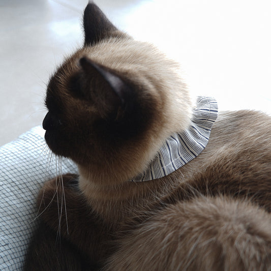 猫にやさしいコットン首輪/フリル【French Stripe/グレイッシュホワイト×ネイビー】