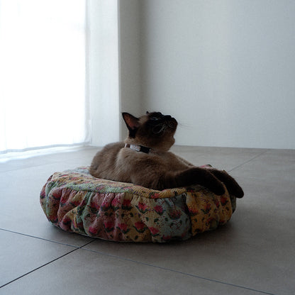 〈Vintage kantha quilt〉Pouf Cat Bed【Blue Flower-C】
