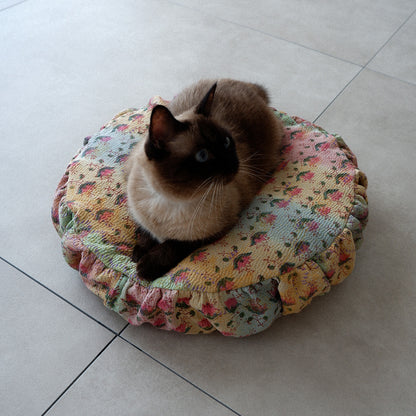 〈Vintage kantha quilt〉Pouf Cat Bed【Blue Flower-C】